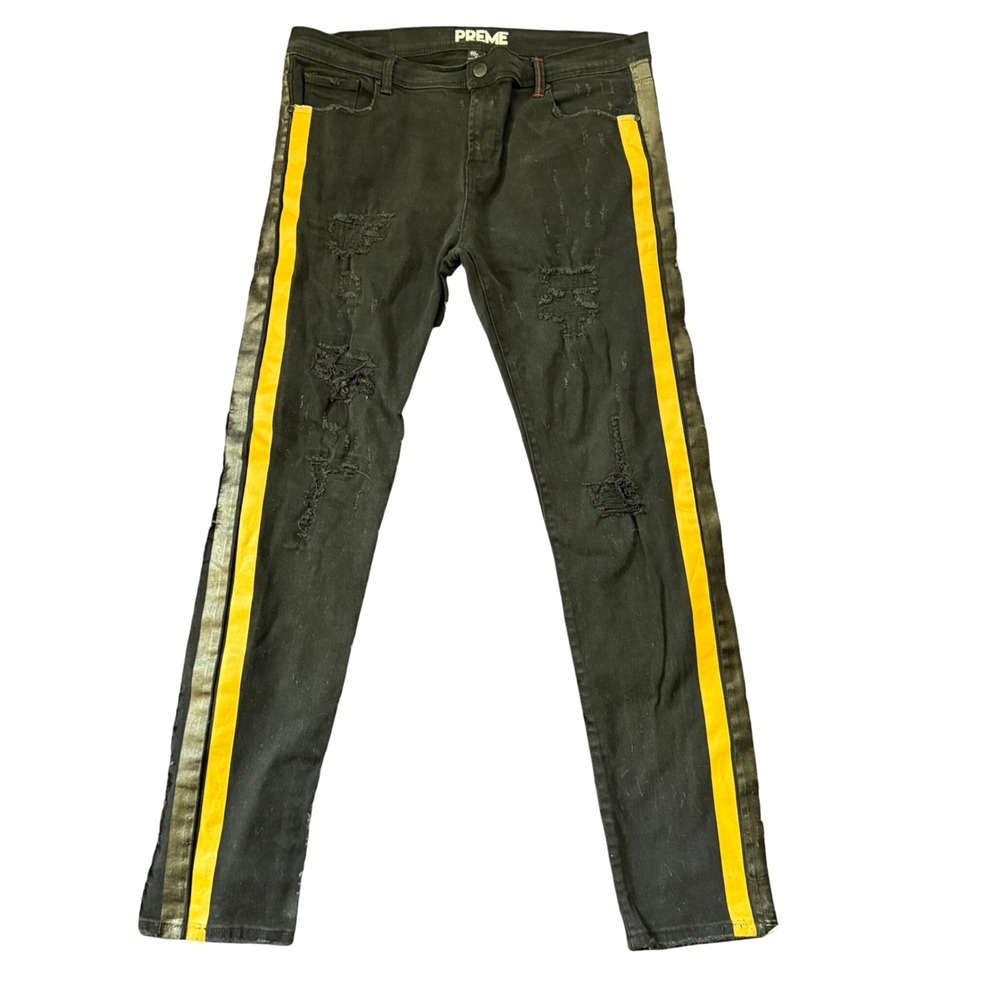 PREME Mens‎ Distressed Skinny Jeans Black Yellow Stripe 40w 34l Streetwear Denim